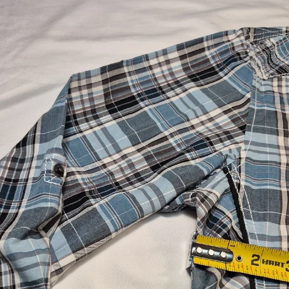 Buckle Black, Long Sleeve Black Label  Blue and Black Plaid Snap Down Mens Shirt - Picture 8 of 16